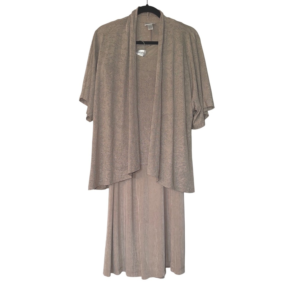 Chicos Travelers 3 Piece Set Cardigan Tank Wide Leg Pants Taupe Silver